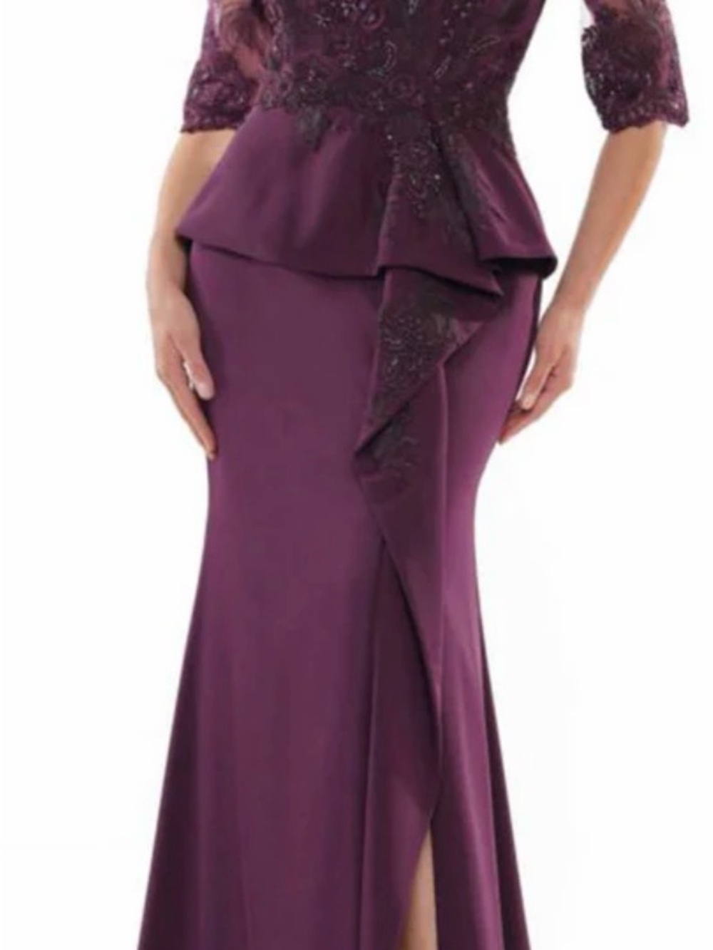 Rina diMontella Plum/Eggplant Peplum Gown with Drape Detail